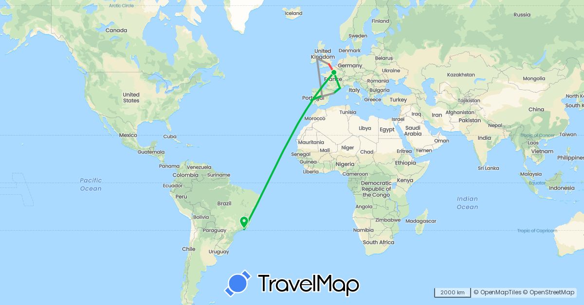 TravelMap itinerary: driving, bus, plane, hiking in Brazil, Spain, France, United Kingdom, Ireland, Portugal (Europe, South America)